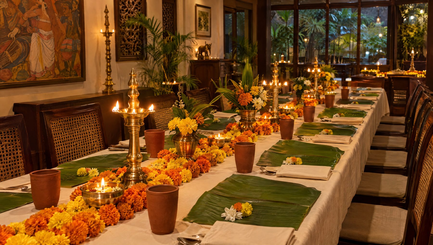 Banquet table dressed with marigolds and brass lamps