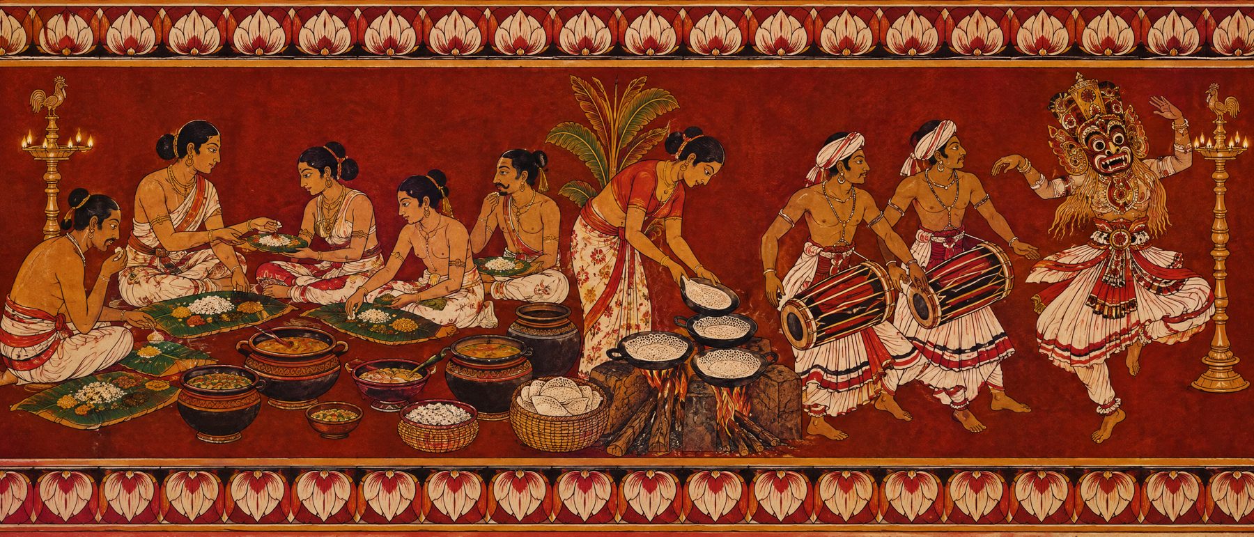 Kandyan-style mural of a village feast with drummers and a masked dancer